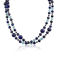 Bling Jewelry Long Wrap Around Layer Blue Shades Aqua Quartz Blue Lapis Black Onyx Gemstone Ball Bead Strand Necklace For Women 40 Inch