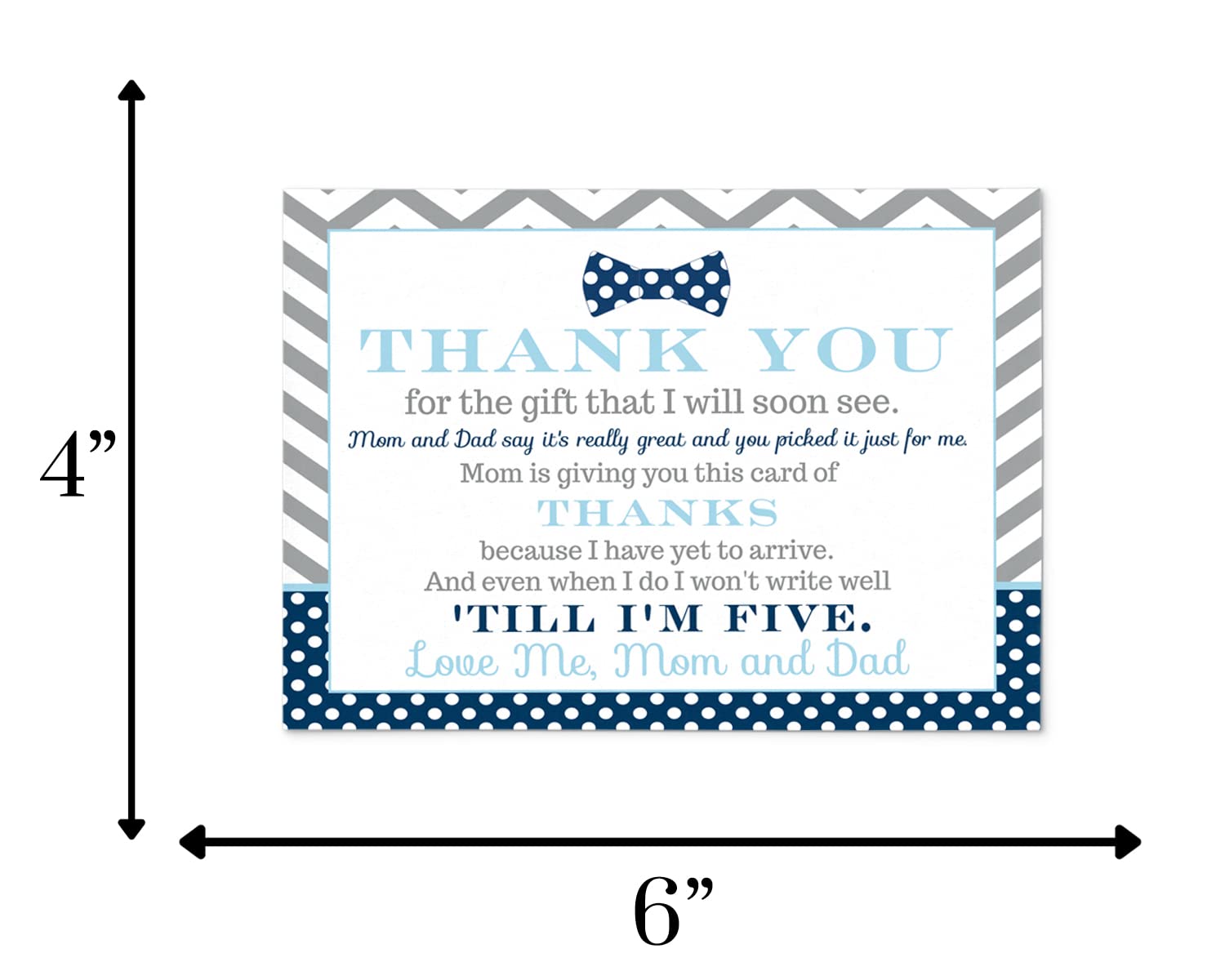 Bow Tie Baby Shower Thank You Cards with Envelopes (15 Pack) Prefilled Message from Boys - Notecards for Babies Registry - Navy and Grey Theme – 4x6 Set
