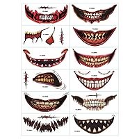 Halloween Face Tattoos 12Pcs Temporary Face Tattoos Clown Horror Mouth Tattoo Stickers Day Of The Dead Temporary Scar Tattoos Face Decals for Cosplay Party Decor All Saints Day Decor