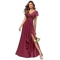 Desert Rose Plus Size Bridesmaid Dress with Sleeves Pleated Chiffon V-Neck Split Wedding Guest Gown Size 16W