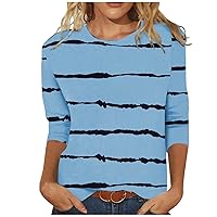 Women Trendy Striped Patchwork T Shirt Spring Summer Classic-Fit 3/4 Sleeve Going Out Tunic Tops Dressy Casual Crewneck Shirt
