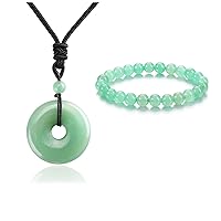 Jovivi Bundle of Green Aventurine Gemstone Donut Healing Crystal Necklace and Green Crystal Stretch Bracelet for Women Men