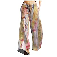 Flowy Pants for Women Summer Straight Wide Leg Sweatpant Plus Size Palazzo Pants Drawstring Button Down Beach Pants