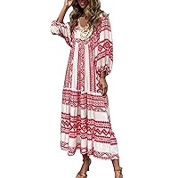 Womens Summer Maxi Dress 2024 Causal V Neck Bubble Sleeve Drawstring Print Sundress Beach Loose Fit Oversized Dresses