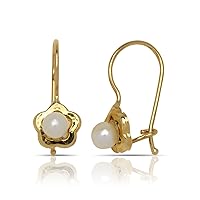 14k Yellow Gold Freshwater Cultured Pearl Daisy Kidney-wire Earrings for girls (5mm x 14mm)
