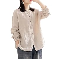 Vintage Cotton Shirt Blouse Women Long Sleeve Loose Button Up Shirt Jacket O Neck Ladies Tops