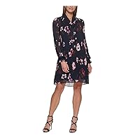 DKNY Womens Navy Zippered Sheer Tie Neck Collar Pleated Lined Floral Long Sleeve Above The Knee Wear to Work Shift Dress 4