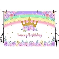 Little Princess Happy Birthday Photo Studio Booth Background Purple Floral Glitter Gold Crown Rainbow Girl Photography Backdrops Banner for Dessert Table Supplies 7x5ft
