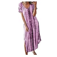 Short Sleeve V Neck Stripe Tie Dye Tshirt Dress for Women Summer Casual Baggy Boho Long Maxi Dress Loose Fit Side Split Dress