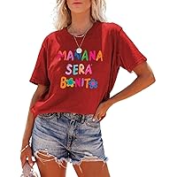 Mañana Será Bonito Shirt for Women, Flower Motivation Letter Crewneck Short Sleeve Tee Tops