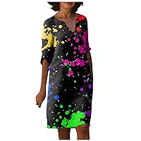 Summer Dresses for Women 2024,Casual Loose Retro V Neck Half Sleeve Floral Printed Knee Length Comfort Basic Dress