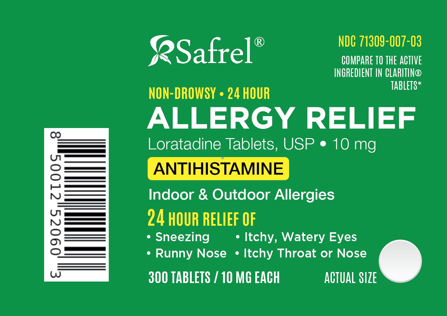 Safrel Loratadine 10mg 300 Tablets | Non-Drowsy 24 Hour Allergy Relief Medicine | Antihistamine Support for Runny Nose, Sneezing, Itchy, Watery Eyes | Compare to Claritin Tablets Prescription Strength
