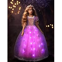 Light Up Princess Dress Up Clothes LED Halloween Girls Costume Christmas Kids Party Dresses Toddler, Pink Purple