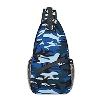 Blue Camo Print Cross Chest Bag Diagonally,Sling Backpack Fashion Travel Hiking Daypack Crossbody Shoulder Bag For Men Women