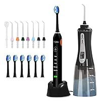 Powerful Cordless Water Flosser and Electric Toothbrush Combo with 8 Jet Tips and 6 Brush Heads for Deep Teeth Cleaning