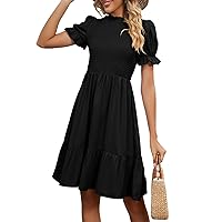 Leezeshaw Solid Summer Casual Mini Smocked Dresses for Women Puff Sleeve Mock Neck Tiered Flowy Dresses Black