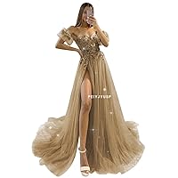 Glitter Tulle Prom Dresses with Sleeves 2024 Off Shoulder Sweetheart 3D Flowers Evening Party Gowns with Slit