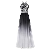 Long A Line Beaded Gradient Ombre Chiffon Formal Prom Evening Dresses