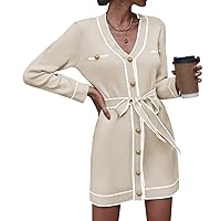 Pink Queen Women's V Neck Long Sleeve Mini Dress Elegant Button Down Open Front Color Block Knit Sweater Cardiagns with Belt