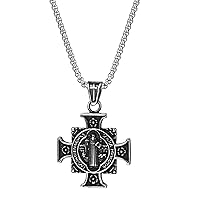 OIDEA Vintage St Benedict Medals Necklace: Stainless Steel Cross Pendant Christian Sacramental Medal Ward off Evil Protection Jewelry Religious Gift for Men Women