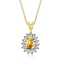 Halo Pendant 14K Yellow Gold Necklace : Gemstone & Diamond Accent, 18 Chain - 6X4MM Tear Drop Birthstone Women's Jewelry - Timeless Elegance