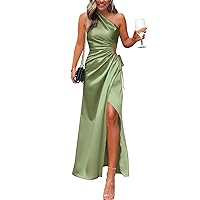 BTFBM Women 2023 One Shoulder Prom Dresses Sleeveless Cutout Ruched Adjustable Split Satin Party Cocktail Maxi Dress