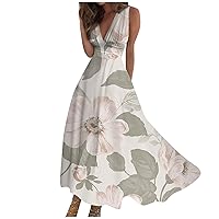 Floral Dress for Women Fashion Summer Dress Casual V Neck A Line Dress Sleeveless Swing Maxi Dresses 2024