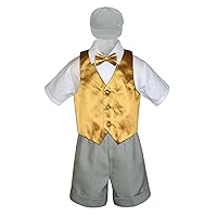 5pc Formal Baby Toddler Boys Gold Vest Bow Silver Shorts Suit Cap S-4T (S:(0-6 months))