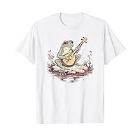 Cute Cottagecore Frog playing a guitar banjo Nature Flower T-Shirt