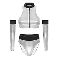 iiniim Womens Shiny Silver Zipper Up Bodysuit Alien Astronaut Cosplay Jumpsuit with Oversleeve