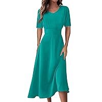 Formal Short Sleeve Flowy Midi Dress Trendy Summer Sexy V Neck Smocked Swing Party Dress Elegant Floral Tunic Dress