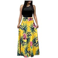 Women's Ombre Tie Dye Color Block Sleeveless Long Floor Maxi Swing Round Neck Beach Casual Summer Flowy Foral Print Hawai