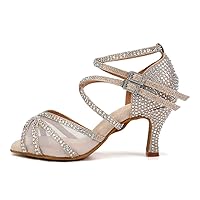 AOQUNFS Latin Dance shoes for Women Rhinestone and Mesh Salsa Tango prefermance Ballroom dance heels,Model L508
