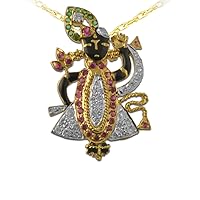 Ruby, Emerald & Natural Diamond Lord Shrinathji Pendant 0.50 ctw 14K Yellow Gold. Included 16 Inches 14K Gold Chain.