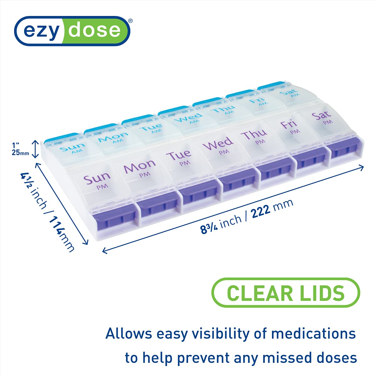 EZY DOSE Push Button (7-Day) Pill Case, Medicine Planner, Vitamin Organizer, 2 Times a Day AM/PM, Large Compartments, Arthritis Friendly, Clear Lids, Purple/Blue