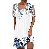 Women Lace Mesh Short Sleeve Square Neck Tunic Dress Fashion Floral Print Pleated Front Casual Dressy T-Shirt Dress