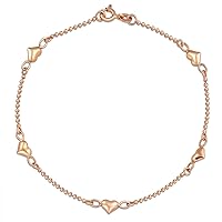 Multi Flat Puff Station Dangle Hearts Charm Anklet Ankle Bracelet For Women Teen Beaded Ball Figaro Chain Rose 14K Yellow Gold Vermeil .925 Sterling Silver 9, 10 Inch Flexible