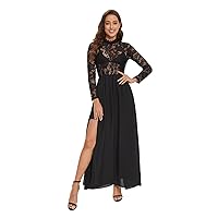 SweatyRocks Women's Sexy Sheer Lace Long Sleeve Split Maxi Cocktail Long Party Dresses Plain Black XL