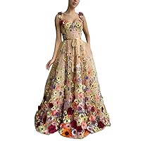 Women's 3D Flowers Floral Tulle Prom Dresses A-Line Evening Gowns Formal Party Dress