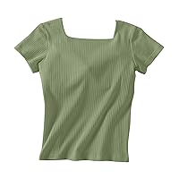 Tops for Women Square Neck Short Sleeves Slim Fit Shirts with Chest Pad Textured Crop Tops Summer Pure Color Blouse