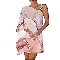 Womens One Shoulder Strap Batwing Sleeve Asymmetrical Dress Summer Flower Print Trendy Flowy Cute Mini Dresses