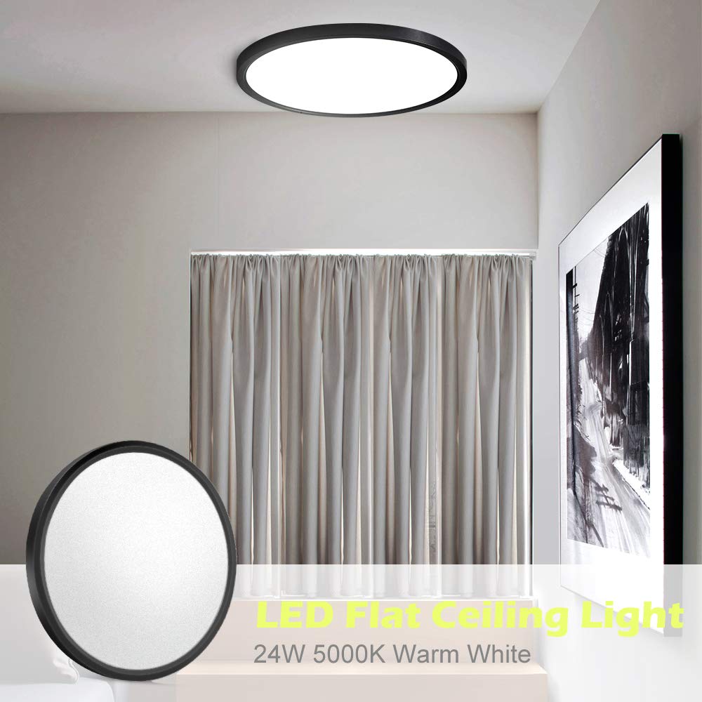 2Pack 12 Inch LED Flush Mount Ceiling Light Fixture, 24W, 5000K Daylight White, 3200LM, Flat Modern Round Lighting Fixture, Black, 240W Equivalent Black Ceiling Lamp for Kitchens, Bedrooms.etc.
