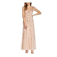 Adrianna Papell Womens Pink Embellished Zippered Godet Hem Lined Short Sleeve V Neck Maxi Evening Gown Dress 6