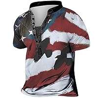 Summer Shirt for Men 4th of July Henley Shirt Retro Distressed Patriotic American Flag Print Short Sleeve T-Shirt