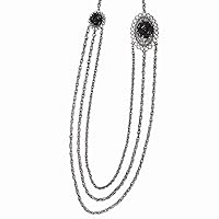 Silver tone Black Flowers and Clear Crystal Layered 36inch Necklace Measures 42.5mm Wide Jewelry Gifts for Women