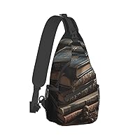 Sling Bag for Women Men Crossbody Bag Small Sling Backpack Stack of Old Books Chest Bag Hiking Daypack