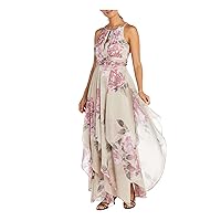 R&M Richards Womens Beige Zippered Ruched Floral Sleeveless Keyhole Maxi Formal Gown Dress Petites 6P