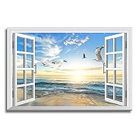 Window Beach Picture Canvas Wall Art - Fake Window View Ocean Print with Framed Seagull Bird Photo Decor for Home Blue Walls Size 36x24