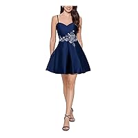 Blondie Nites Womens Navy Embellished Zippered Adjustable Straps Partially Line Sleeveless Sweetheart Neckline Short Party Fit + Flare Dress Juniors 13