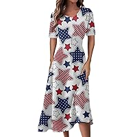 Women's July 4th Patriotic Amercian Flag Maxi Dress Fashion Print V-Neck Short Sleeve Waist Long Swing Dress